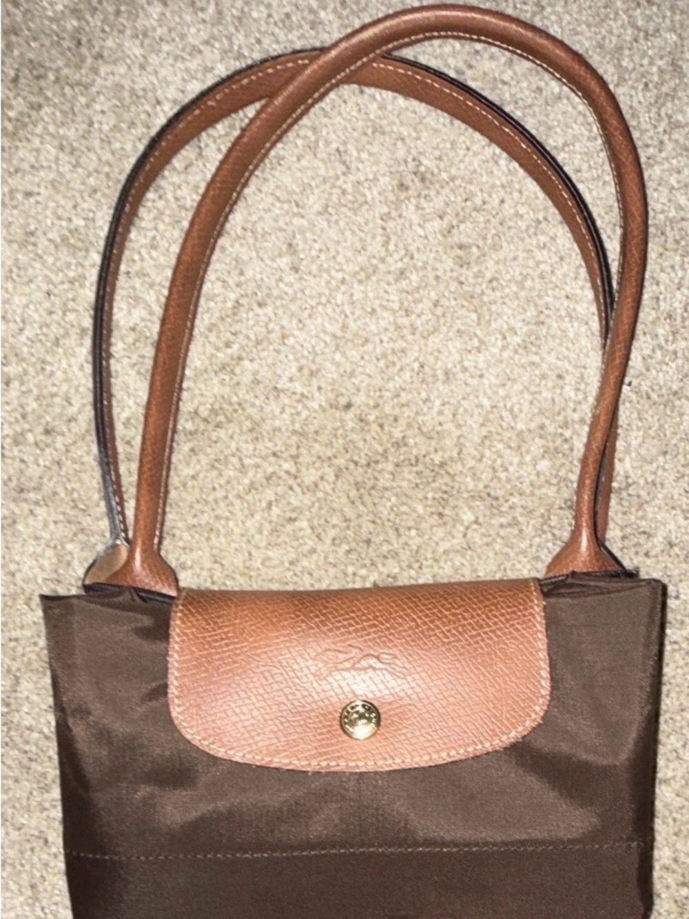 Longchamp Le Pliage Large Brown Tote Zip/Snap Leather Double Handles Pockets